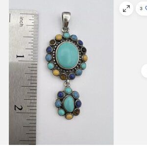 Signed 925 CFJ Thai Sterling Silver Multi Stone TURQUOISE Pendant 2.15"